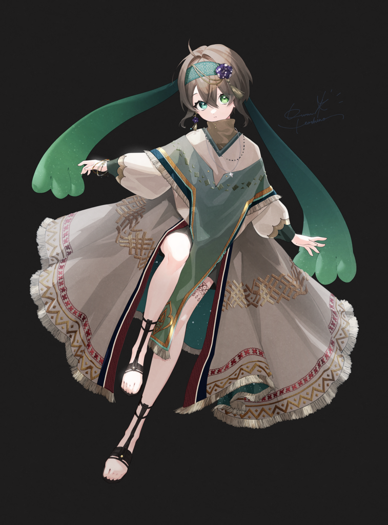 Vtuber茶茂なあさんの『グレートフィルター』歌ってみたイラスト。民族風のファンタジー衣装を身にまとい、こちらへ視線を向ける茶茂なあさん