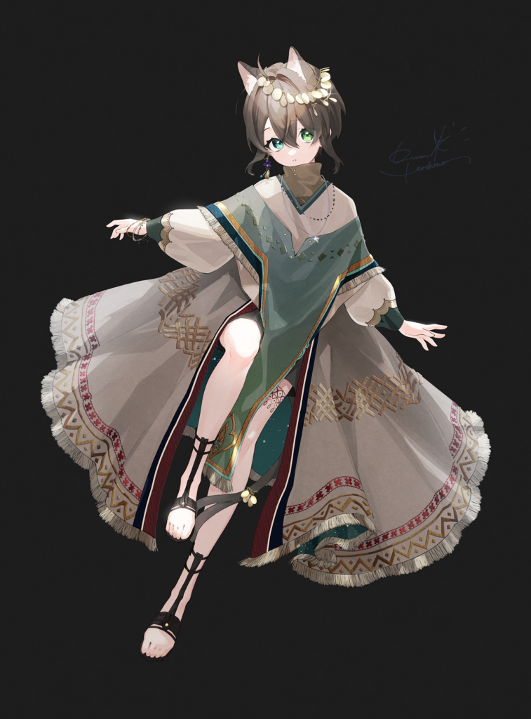 茶茂なあさんの『グレートフィルター』歌ってみたイラストのねこまた差分。はちまきを外し、猫耳と尻尾を付けた姿