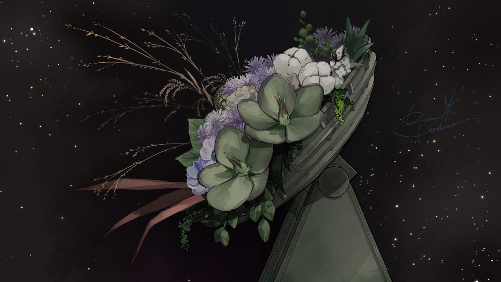 真っ暗な宇宙と、中央に花が詰められた古びたパラボラアンテナの背景イラスト。